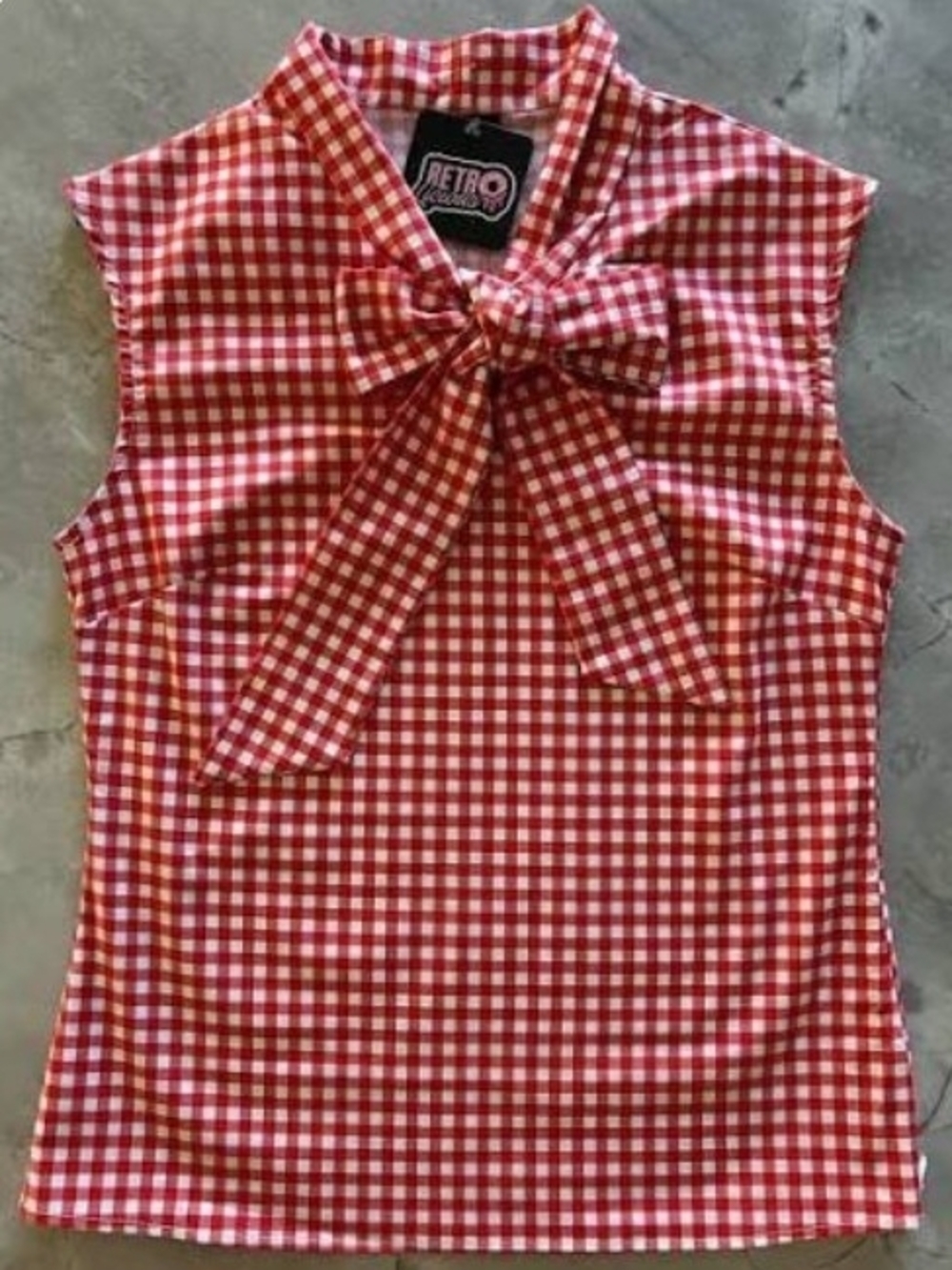 Retrolicious Red and White Gingham Bow-Neck Sleeveless Top, NWOT, L